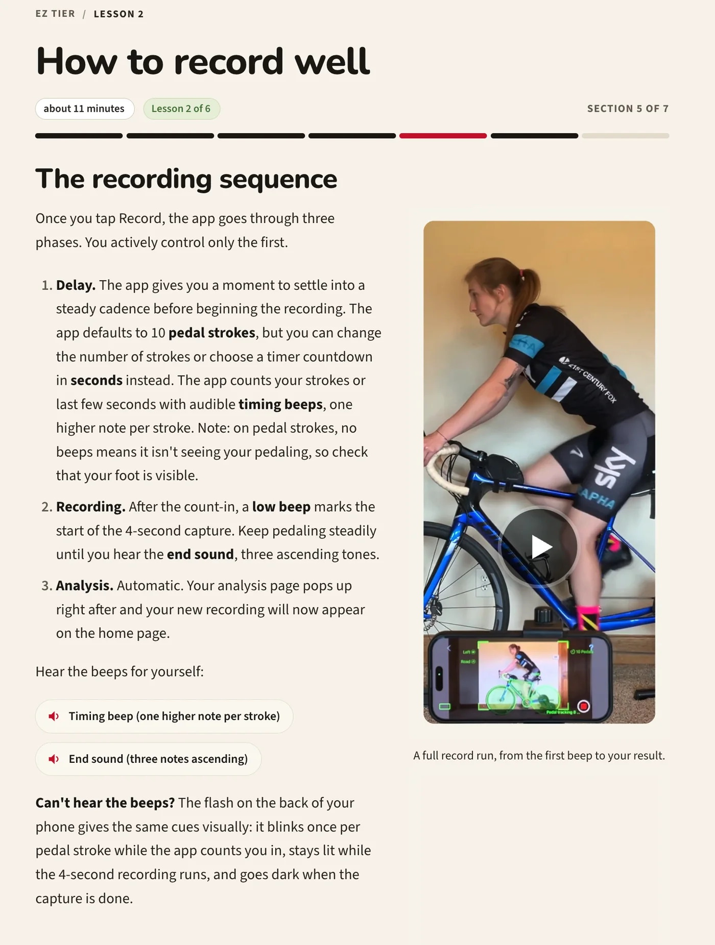 The How to record well lesson in BFF Academy: a numbered recording sequence beside photographs of a rider and a phone on a tripod