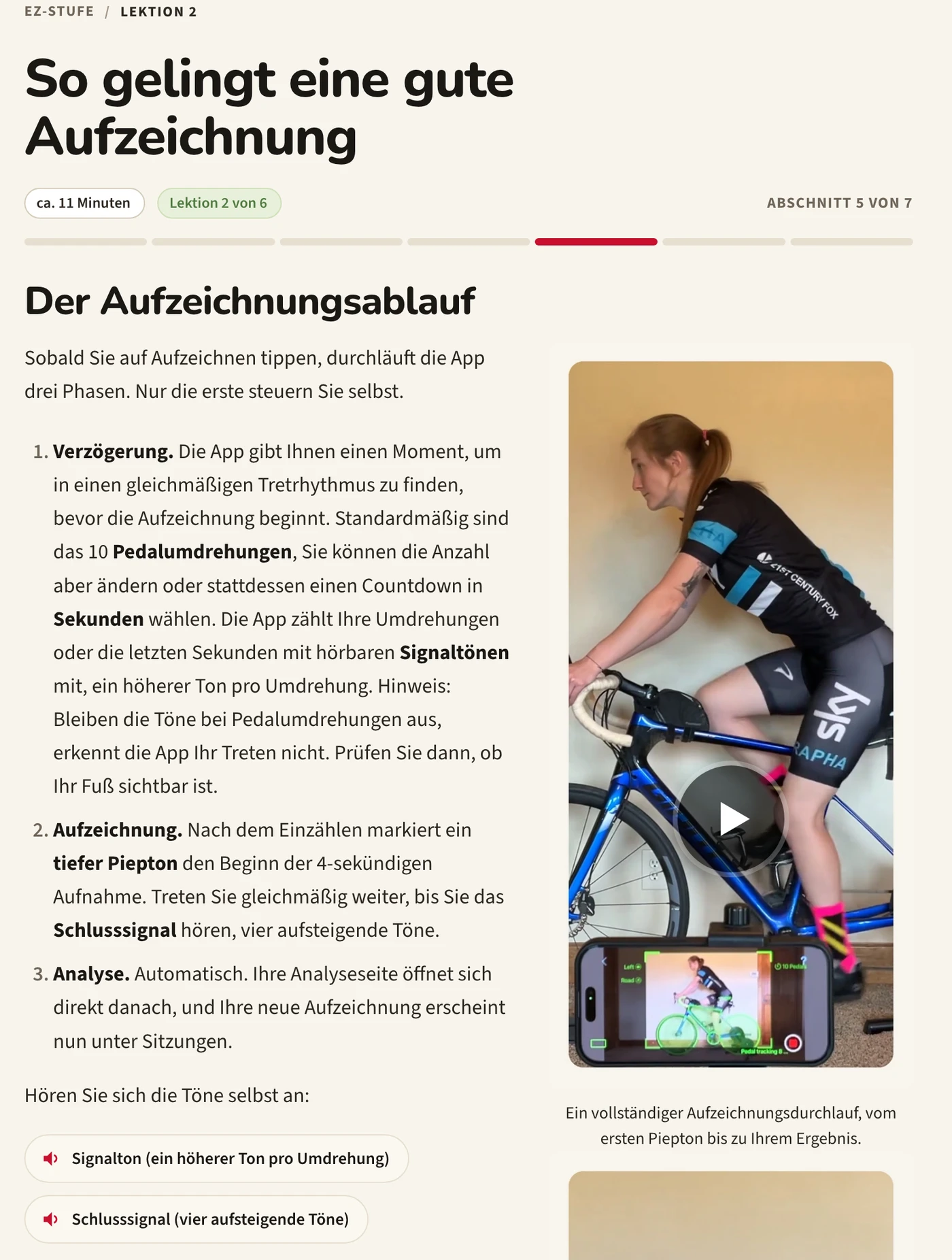 Die Lektion Gut aufzeichnen in der BFF Akademie: eine nummerierte Aufzeichnungsabfolge neben Fotos eines Fahrers und eines Smartphones auf einem Stativ