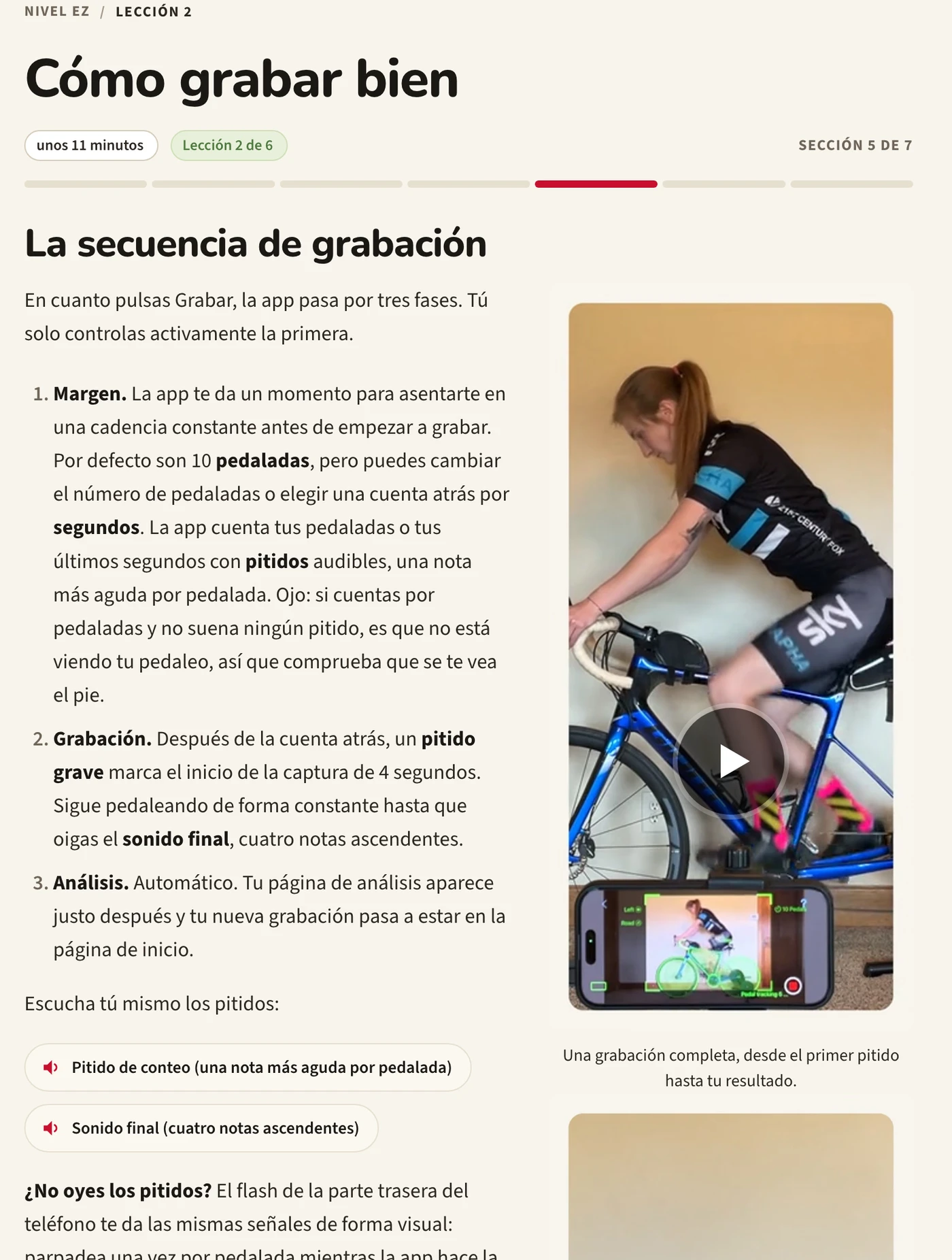 La lección Cómo grabar bien en la Academia BFF: una secuencia de grabación numerada junto a fotografías de un ciclista y un teléfono en un trípode