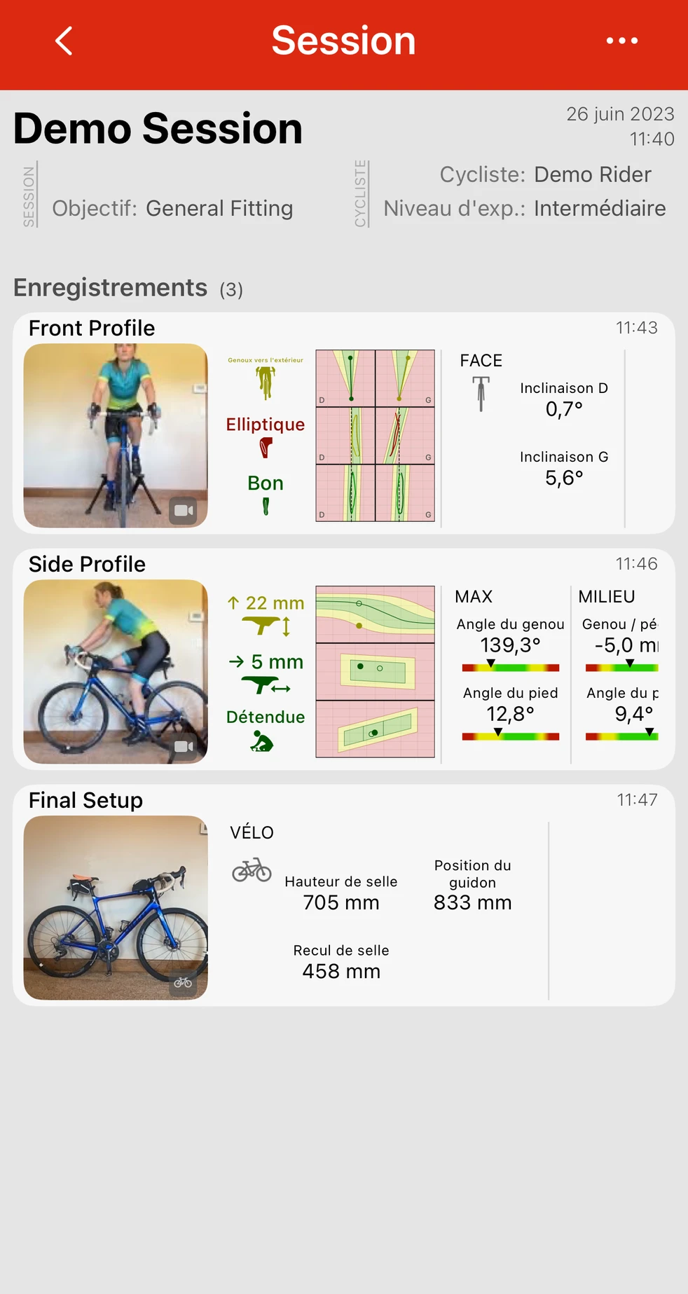 Une session Bike Fast Fit Elite avec ses enregistrements en dessous, chacun montrant l'image suivie et les résultats de hauteur de selle, position avant/arrière et posture