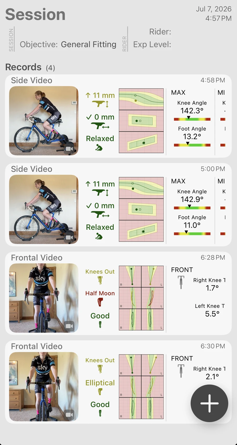 A Bike Fast Fit Elite session with its records listed underneath, each side record showing its tracked frame and the saddle height, fore and aft, position and knee results