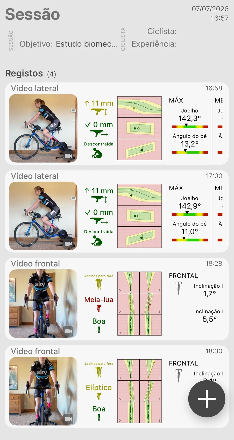 Uma sessão da Bike Fast Fit Elite com os seus registos listados por baixo, cada registo lateral com a sua imagem seguida pela app e os resultados de altura do selim, posição avançada/recuada, postura e joelho