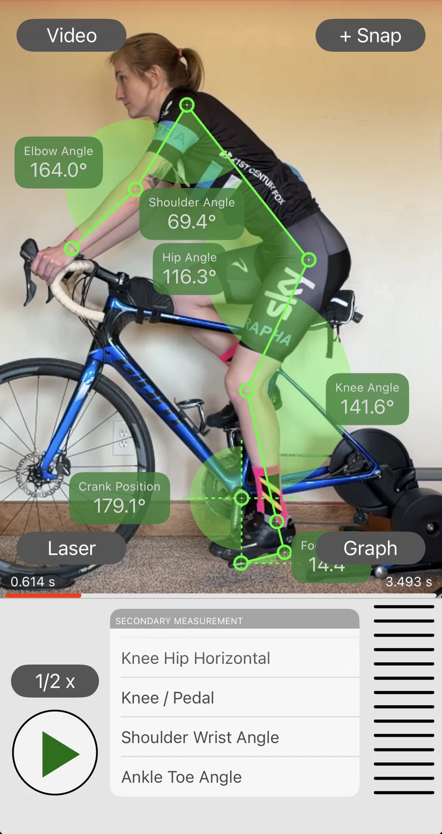 Bike Fast Fit Elite showing six angles at once on a tracked rider, elbow, shoulder, hip, knee, crank position and foot, with the secondary measurement list open below