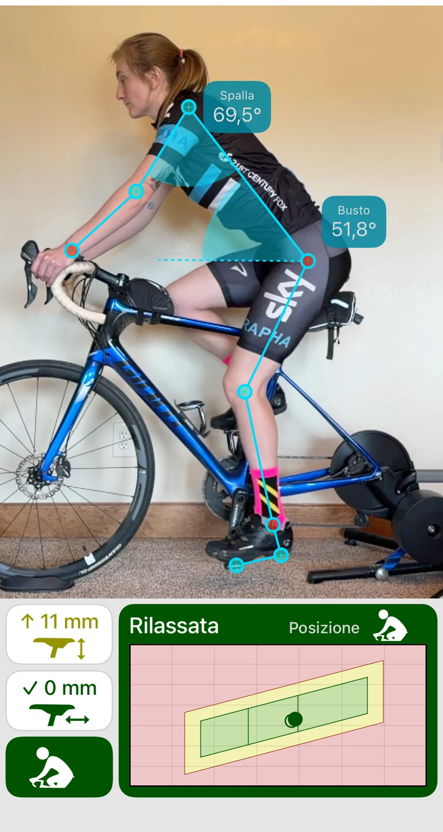 Bike Fast Fit EZ mostra un ciclista tracciato con gli angoli di spalla e busto, accanto ad altezza sella, posizione avanti/indietro e il risultato di postura Rilassata