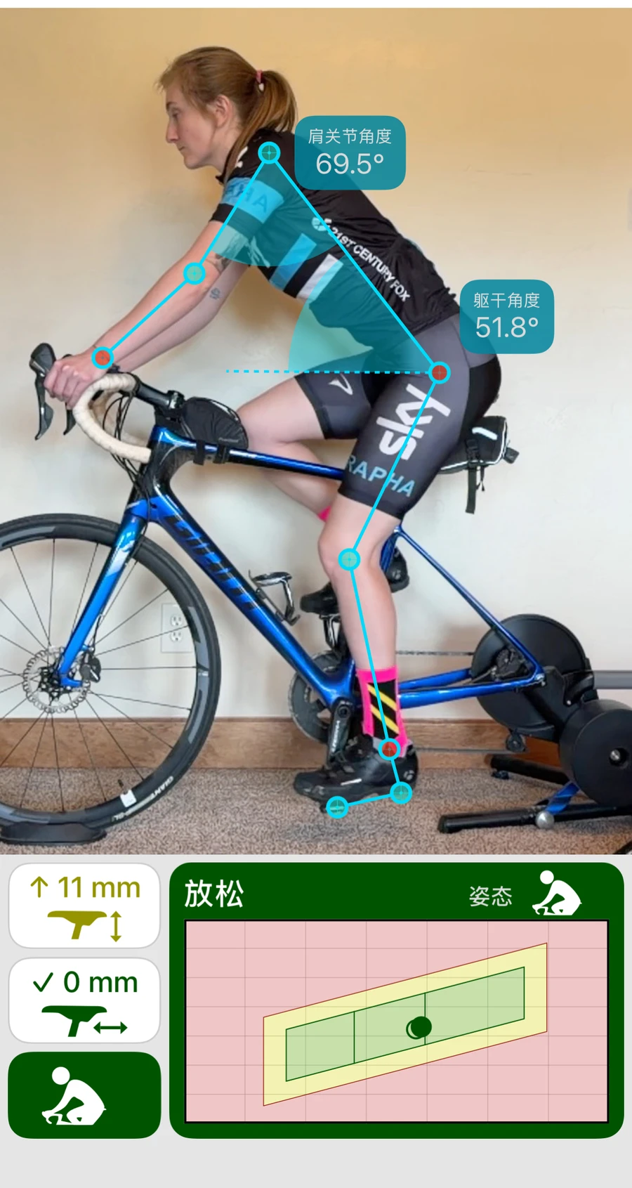 Bike Fast Fit EZ 显示被跟踪骑手的肩部和躯干角度，旁边是鞍座高度、前后位置以及「放松」的姿势结果