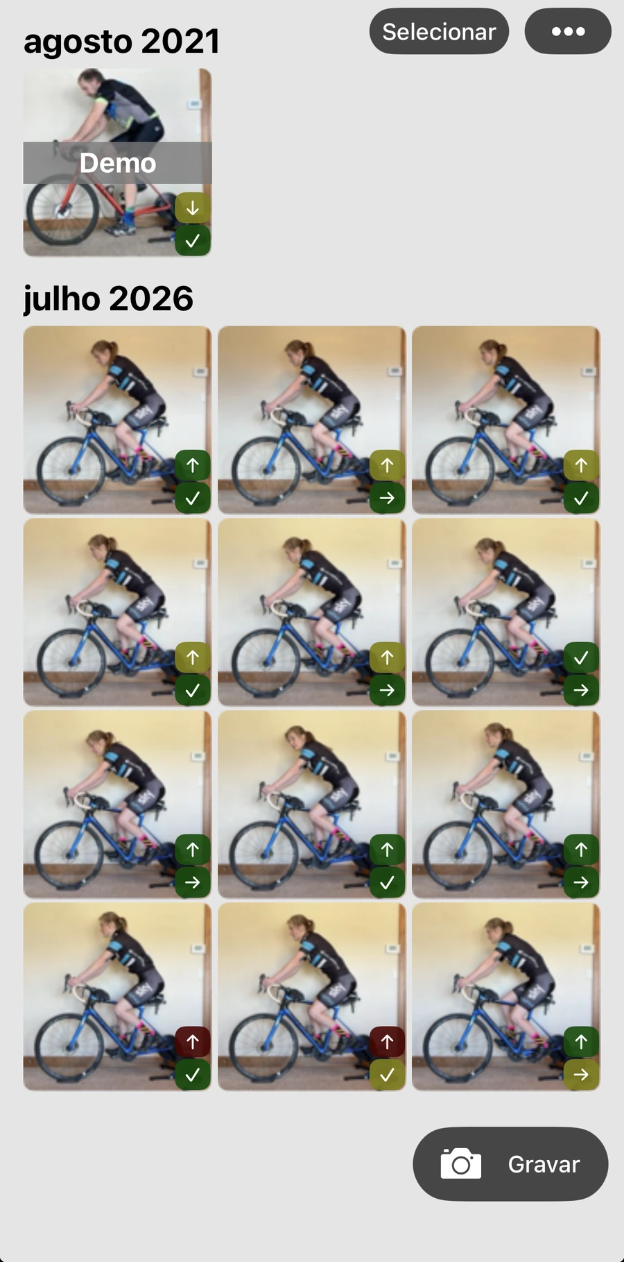 A biblioteca de gravações da Bike Fast Fit EZ: gravações agrupadas por mês, uma demonstração ao lado das do próprio ciclista, cada uma com o seu resultado de altura e posição do selim, e um botão de gravar