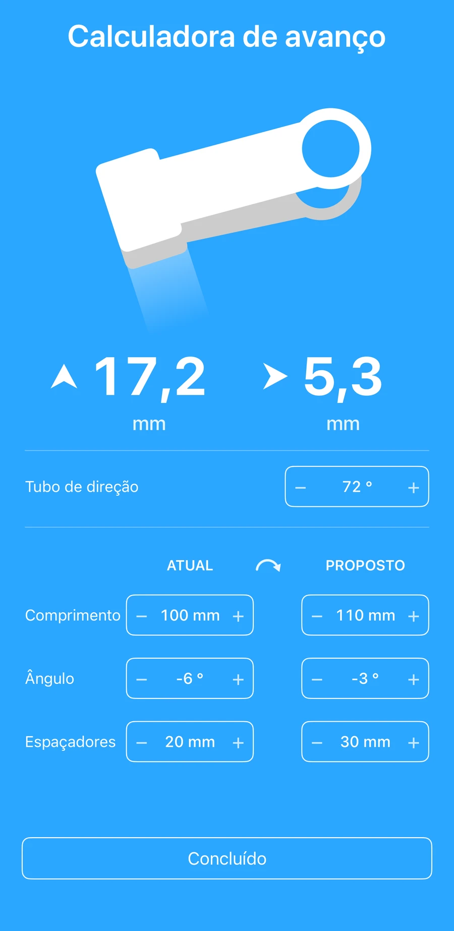 A calculadora de avanço na Bike Fast Fit EZ a comparar um avanço atual com um proposto; mostra quanto o guiador se moveria em milímetros, para cima ou para baixo e para a frente ou para trás