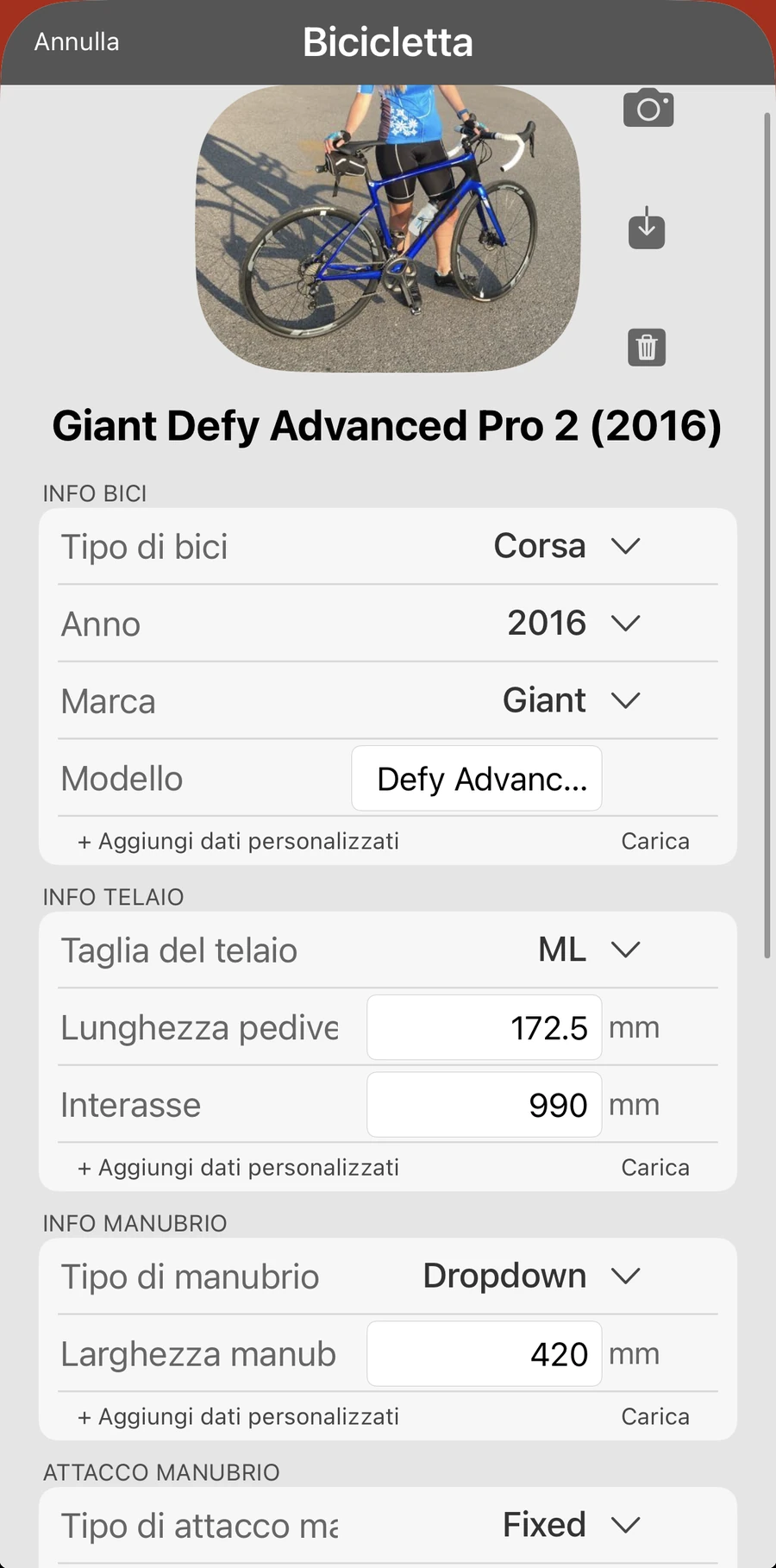 Una scheda bici in Bike Fast Fit Pro con la foto della bici e le sue misure