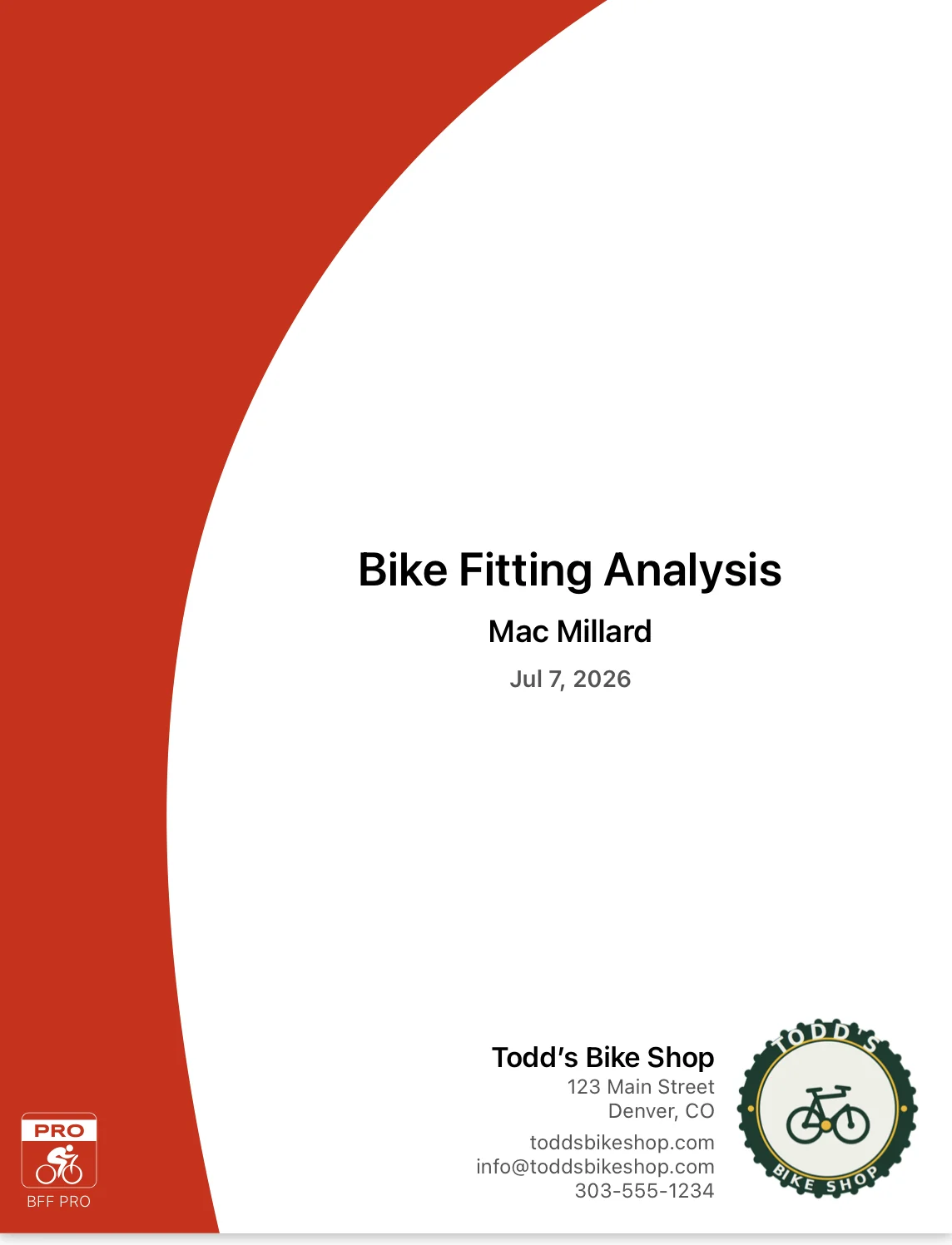 A finished Bike Fast Fit Pro report cover reading Bike Fitting Analysis with the rider name and date, branded with a bike shop name, address, website, email, phone number and shop logo