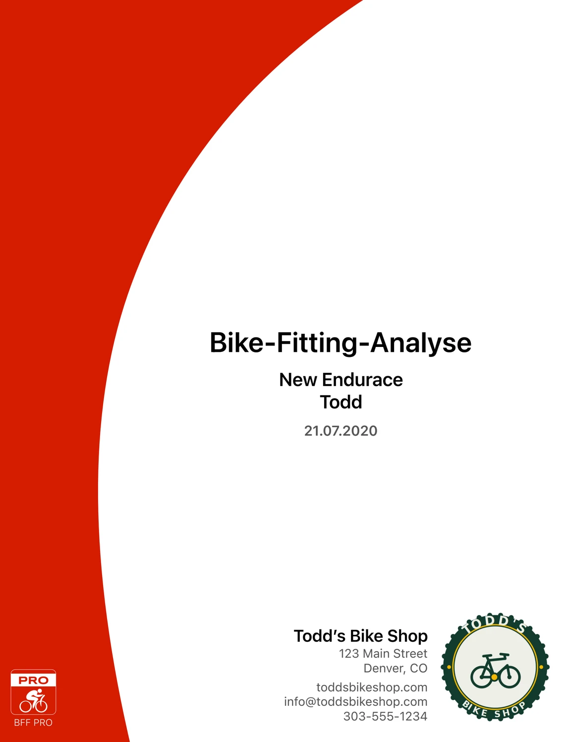Ein fertiges Berichtsdeckblatt aus Bike Fast Fit Pro mit dem Titel Bike-Fitting-Analyse, Fahrername und Datum, gebrandet mit Name, Adresse, Website, E-Mail, Telefonnummer und Logo eines Fahrradladens