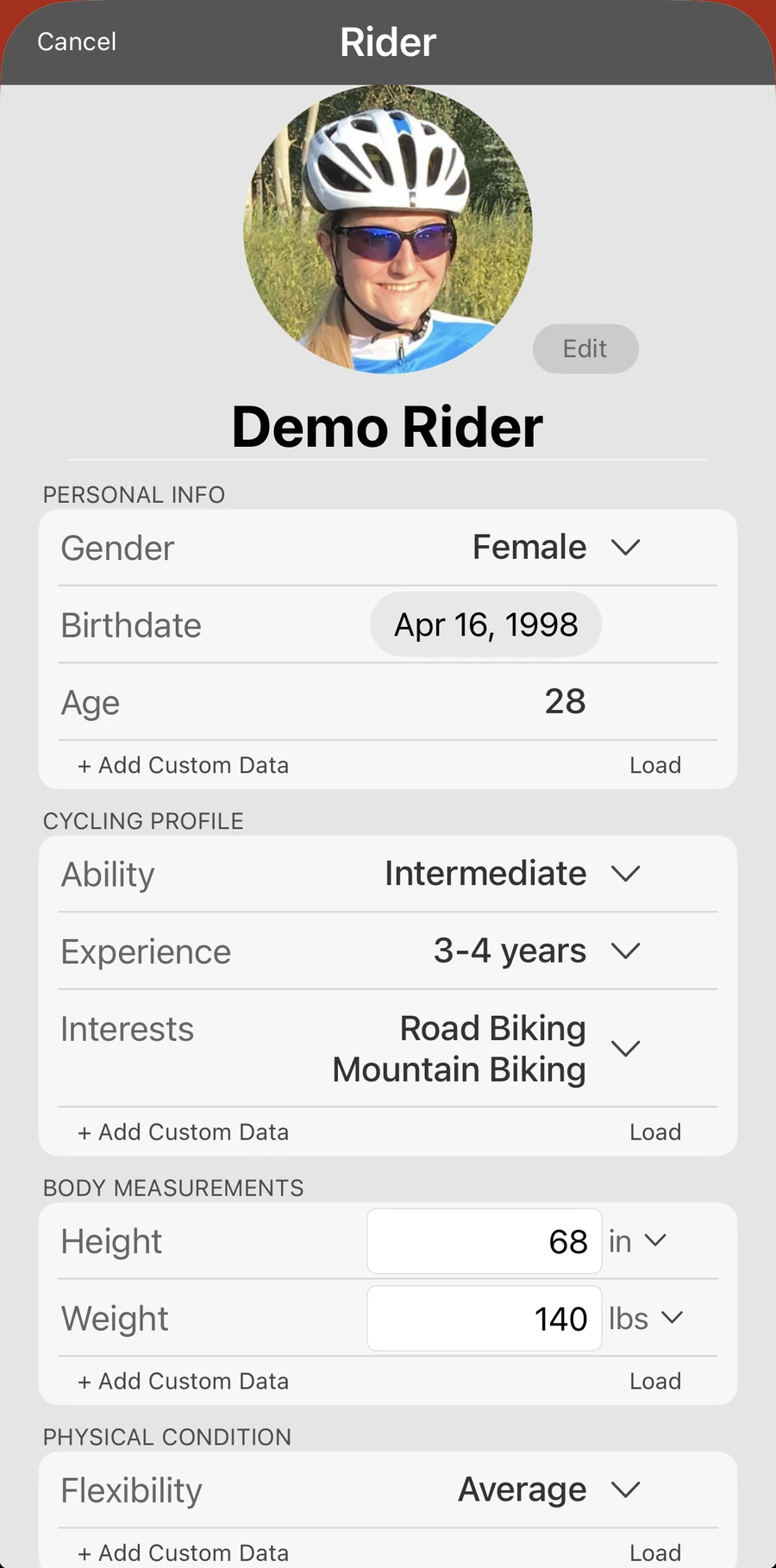 A rider record in Bike Fast Fit Pro with personal details, a cycling profile, body measurements, physical condition and an injury history, all editable