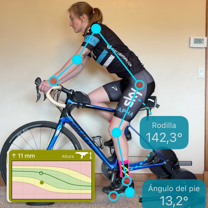 Un ciclista rastreado con lecturas de ángulo de rodilla y pie, junto a la recomendación de Bike Fast Fit EZ de subir o bajar el sillín en milímetros