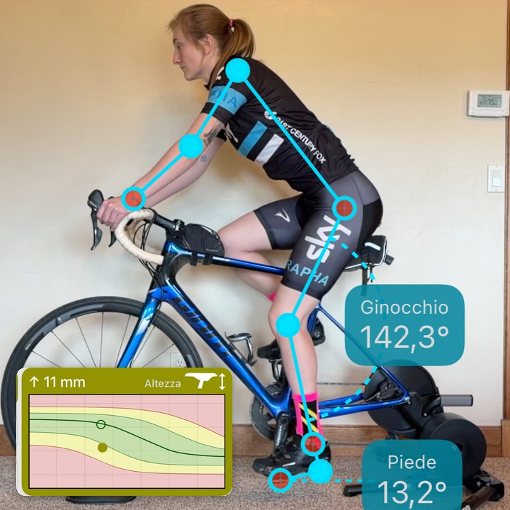 Un ciclista tracciato con le letture degli angoli di ginocchio e piede, accanto al consiglio di Bike Fast Fit EZ di alzare o abbassare la sella in millimetri