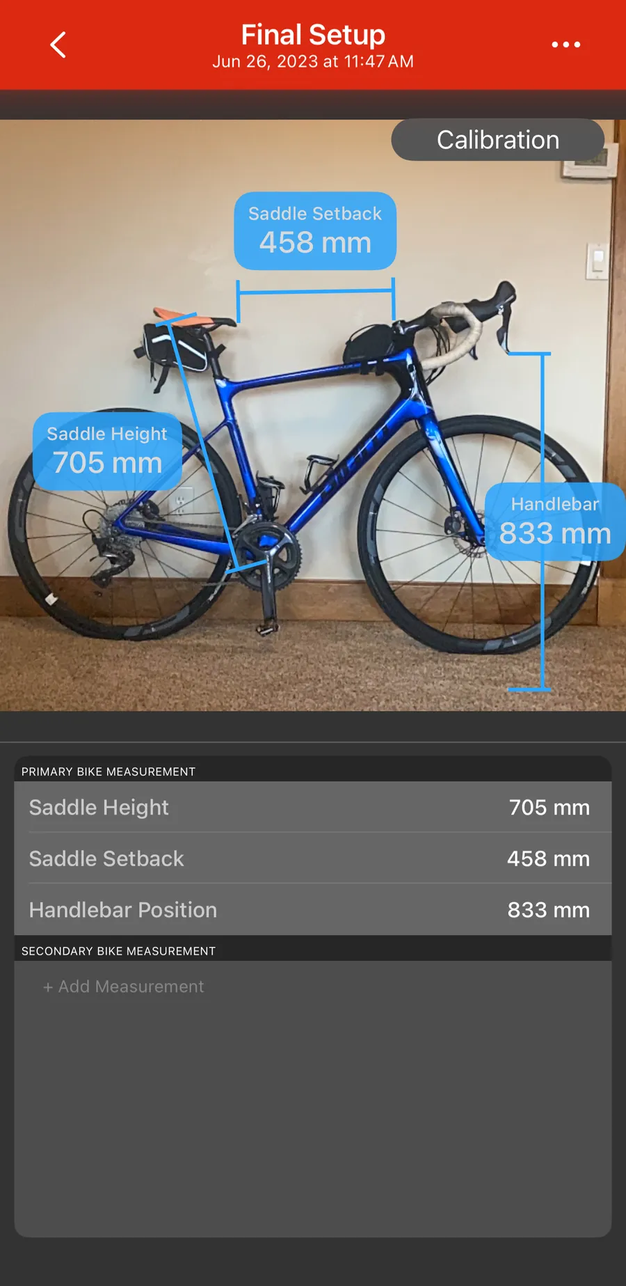 The Bike Fast Fit Elite bike measurement screen with saddle and handlebar dimensions on a photographed bike