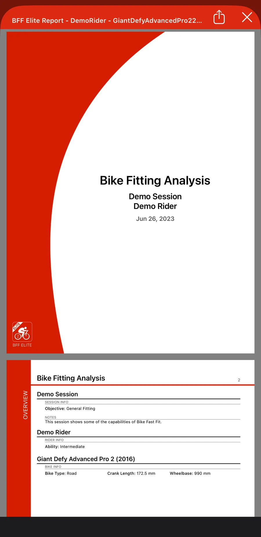 A Bike Fast Fit Elite session report ready to save as a PDF