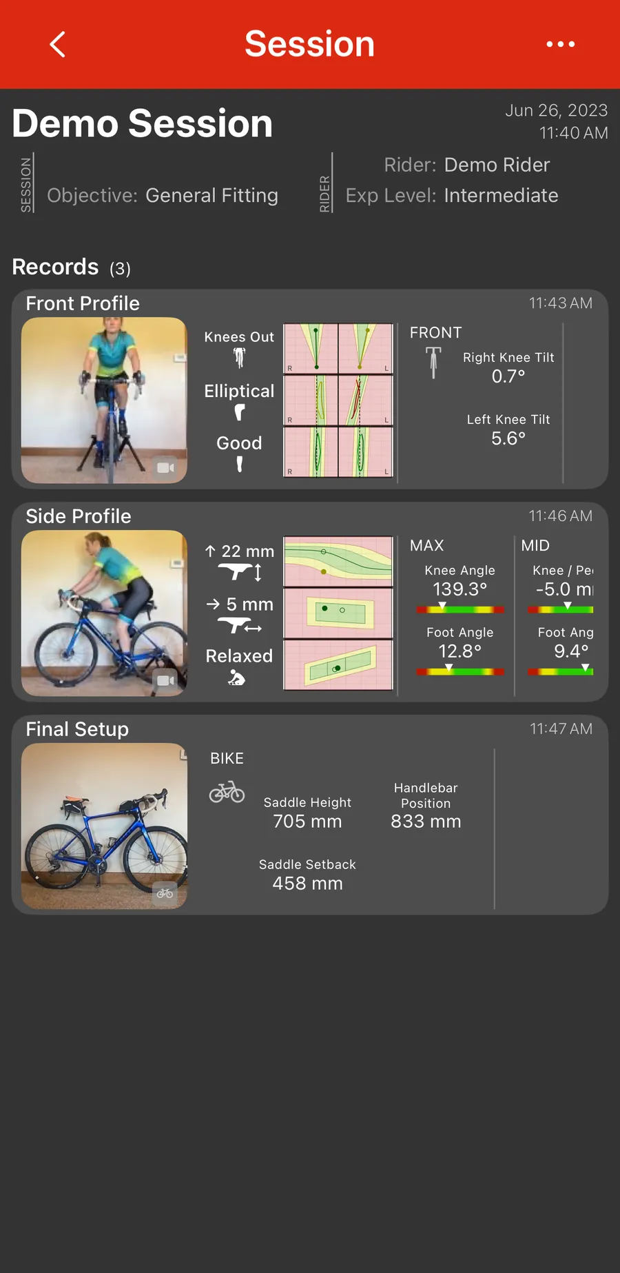 A Bike Fast Fit Elite session with front profile, side profile, and final bike setup records, each with measured angles