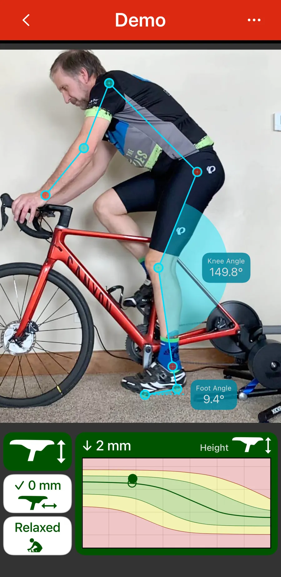 Bike Fast Fit EZ showing a tracked rider with knee and foot angles and a saddle height recommendation of 2 mm down
