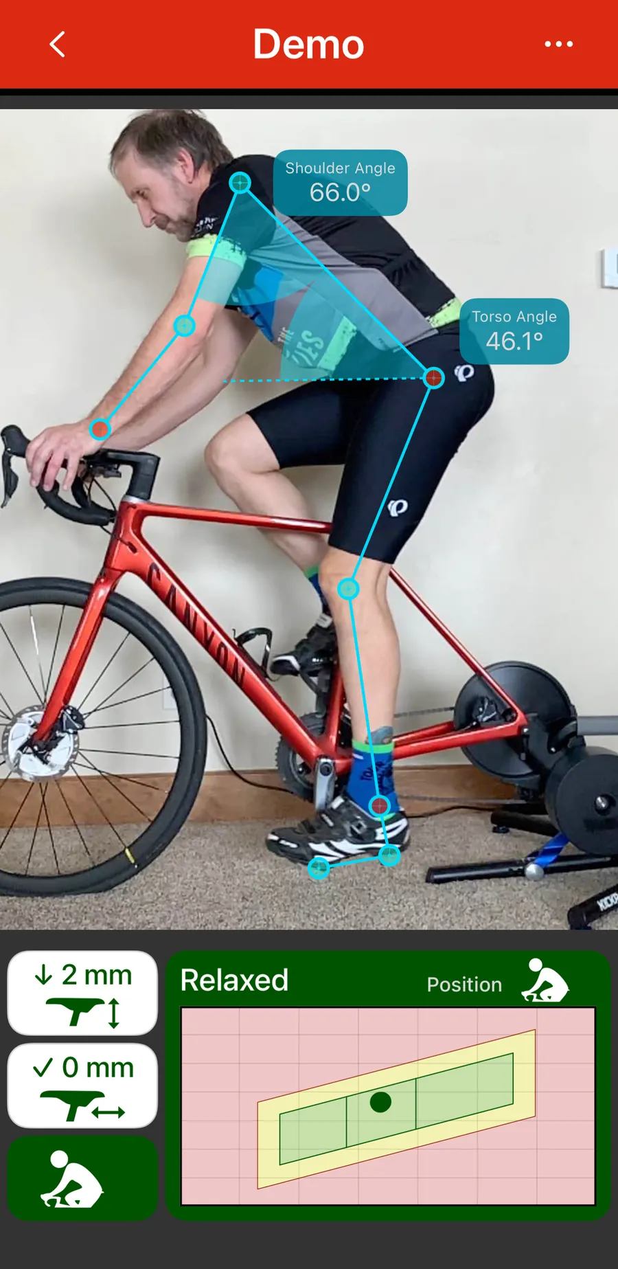 The Bike Fast Fit EZ position page showing a tracked rider and the riding position readout