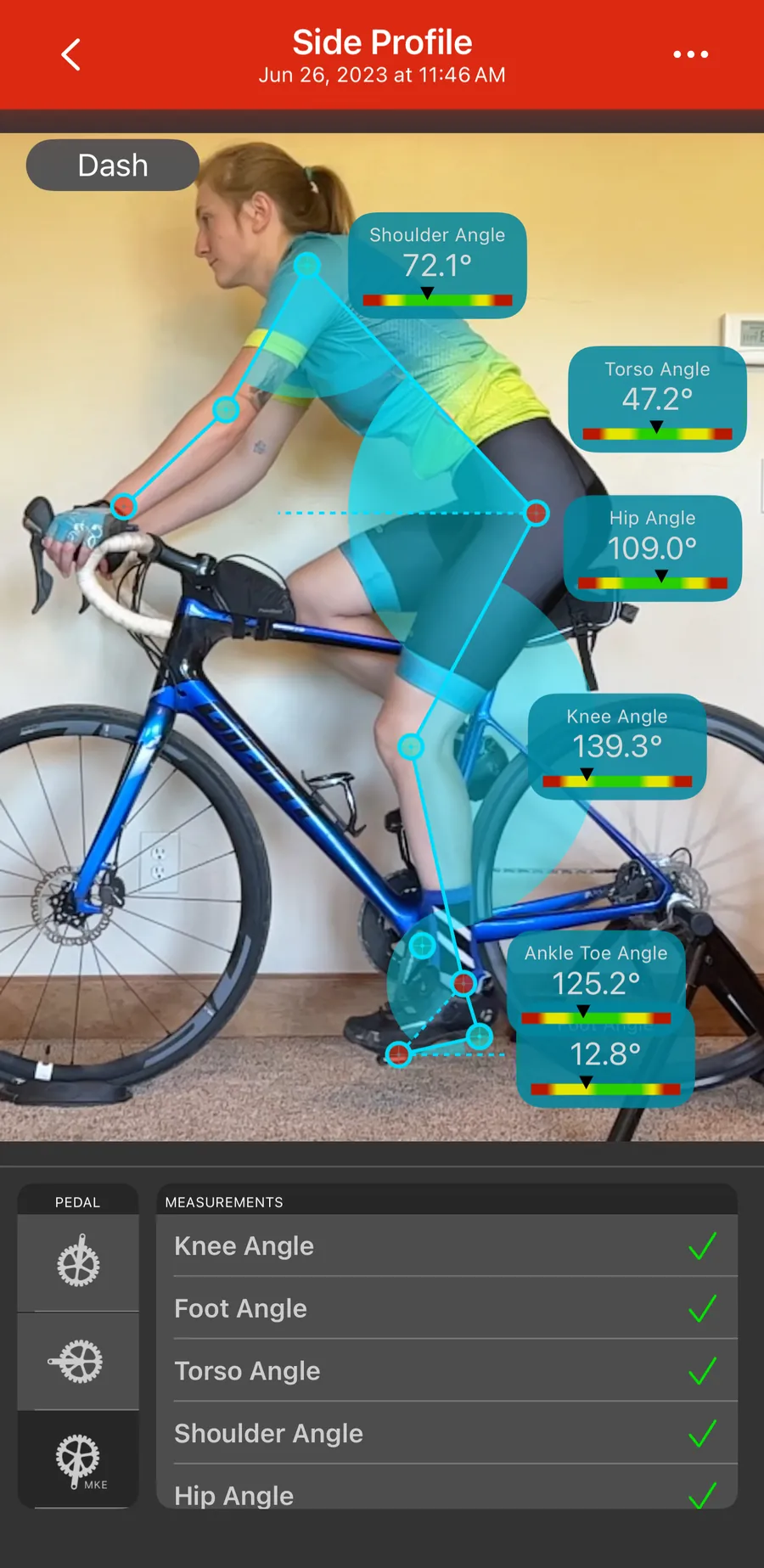 Bike Fast Fit Pro analysis tools on a tracked rider