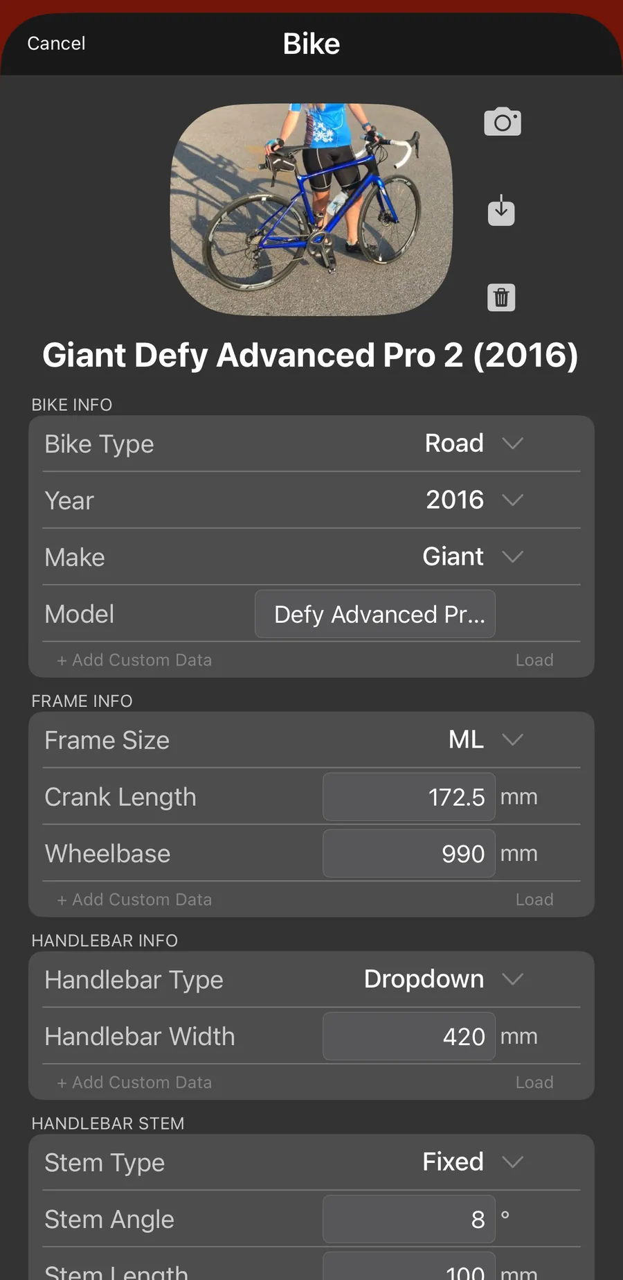 A bike record in Bike Fast Fit Pro with the bike photo and its measurements