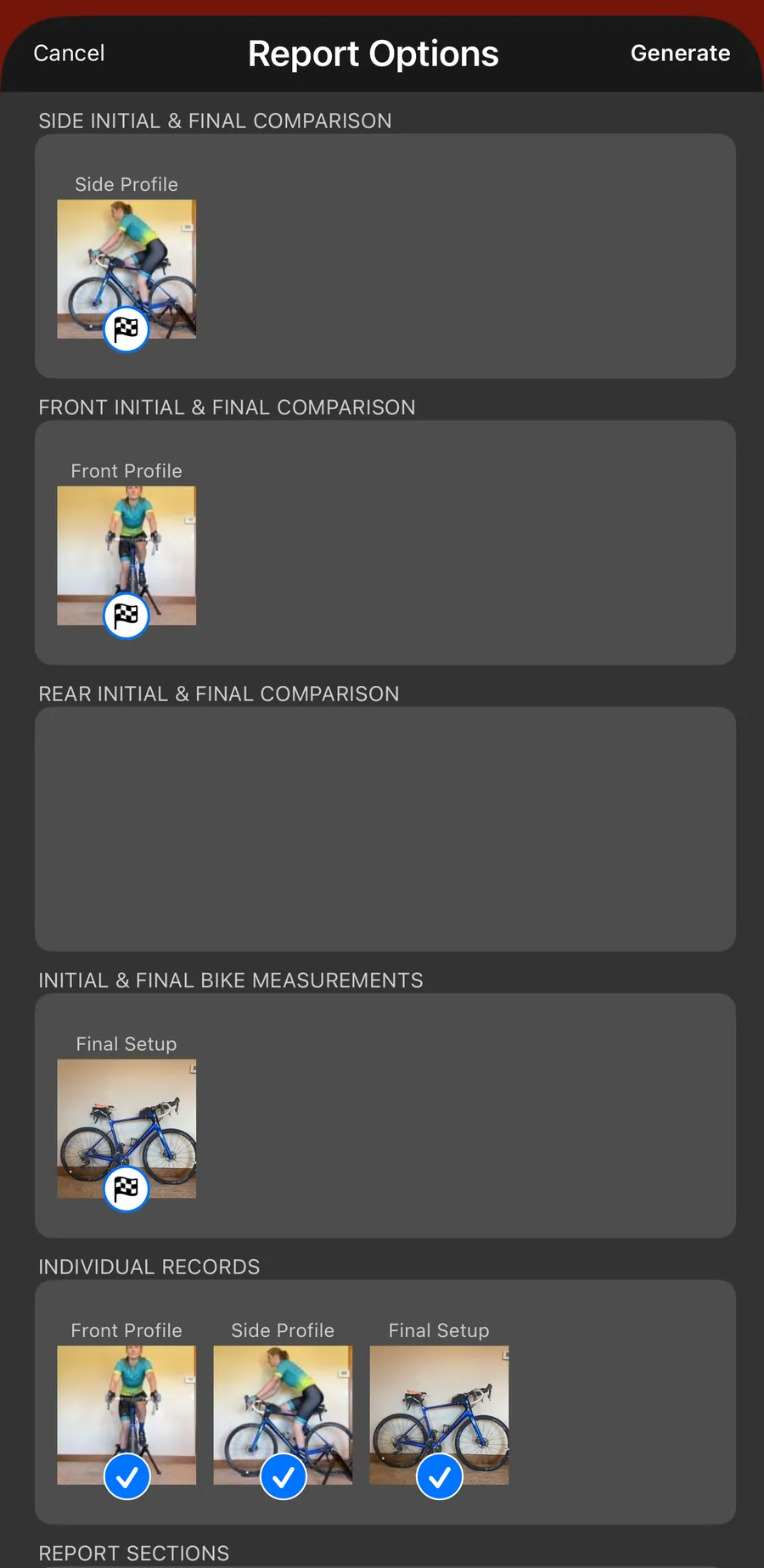 Report options in Bike Fast Fit Pro, choosing records for a comparison report