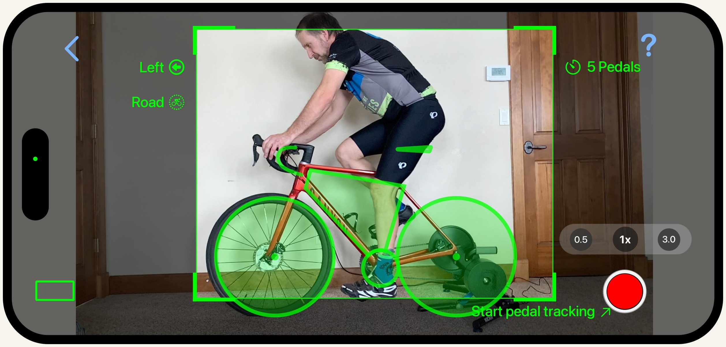 The Bike Fast Fit recording screen, full width, with a rider on an indoor trainer lined up in the framing guide