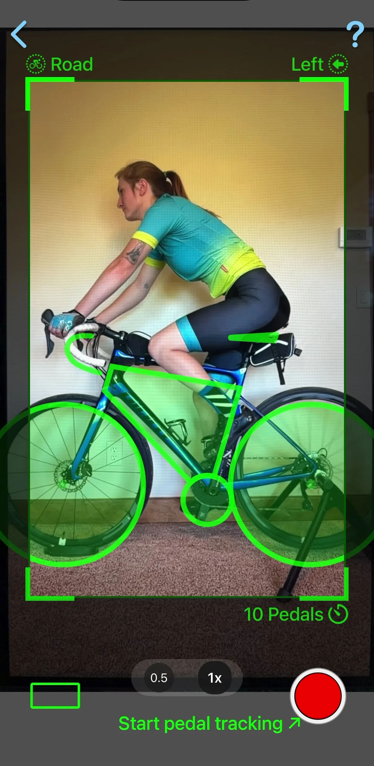 The Bike Fast Fit EZ recording screen as held: a rider framed on an indoor trainer with tracking locked on, no markers on the rider